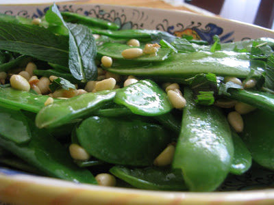 Snow Peas with Garlic, Pine Nuts and Mint